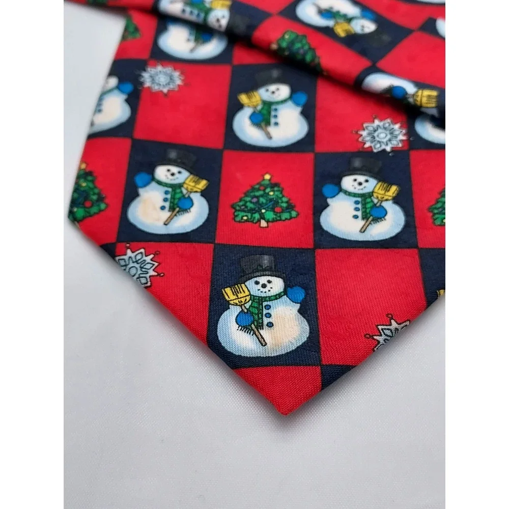 Hallmark Yule Tie Greetings Mens Christmas Snowman Tree Red Navy Blue Silk Tie